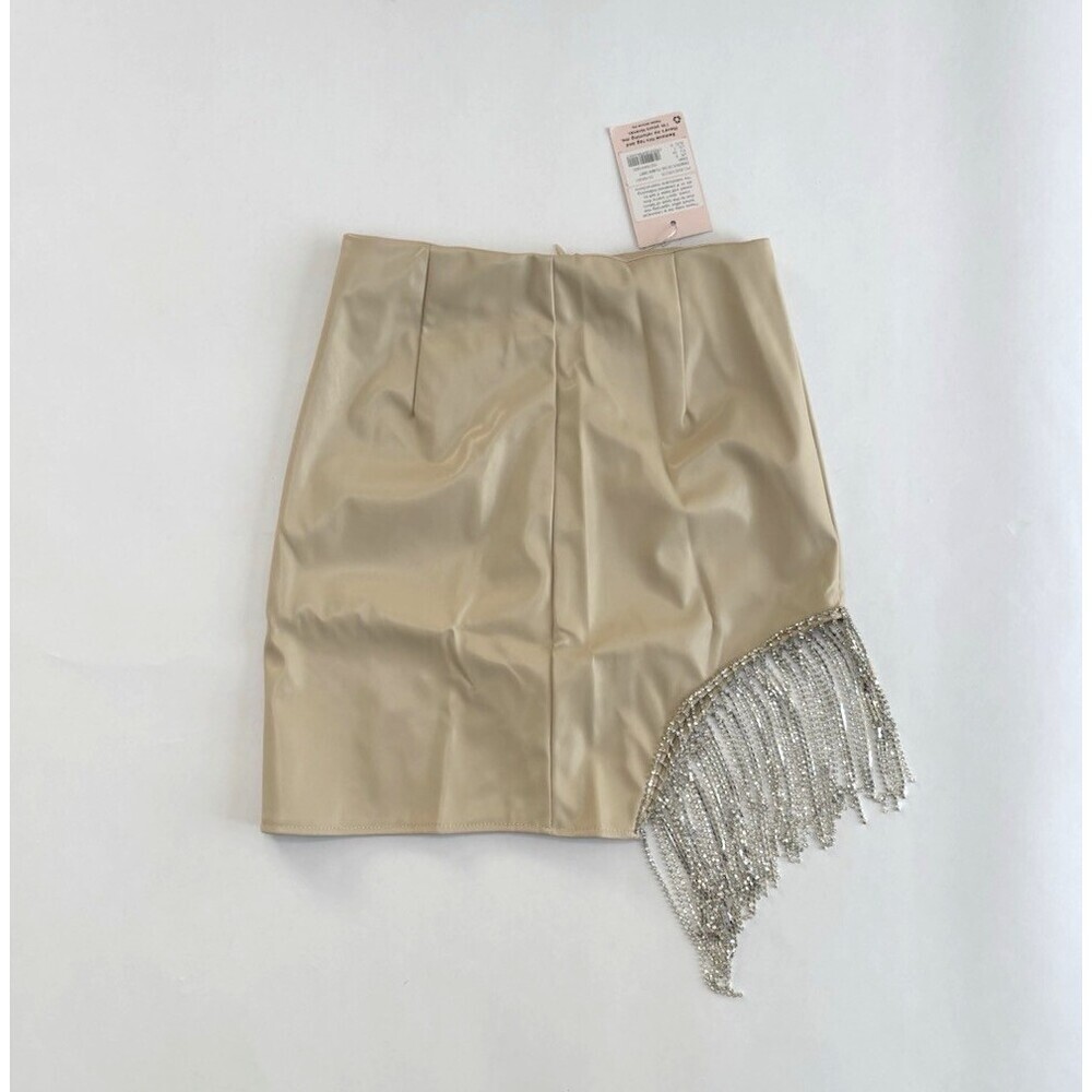 Misguided Rhinestone Fringe Cutout Mini Skirt Vegan Leather Beige - US Size 2